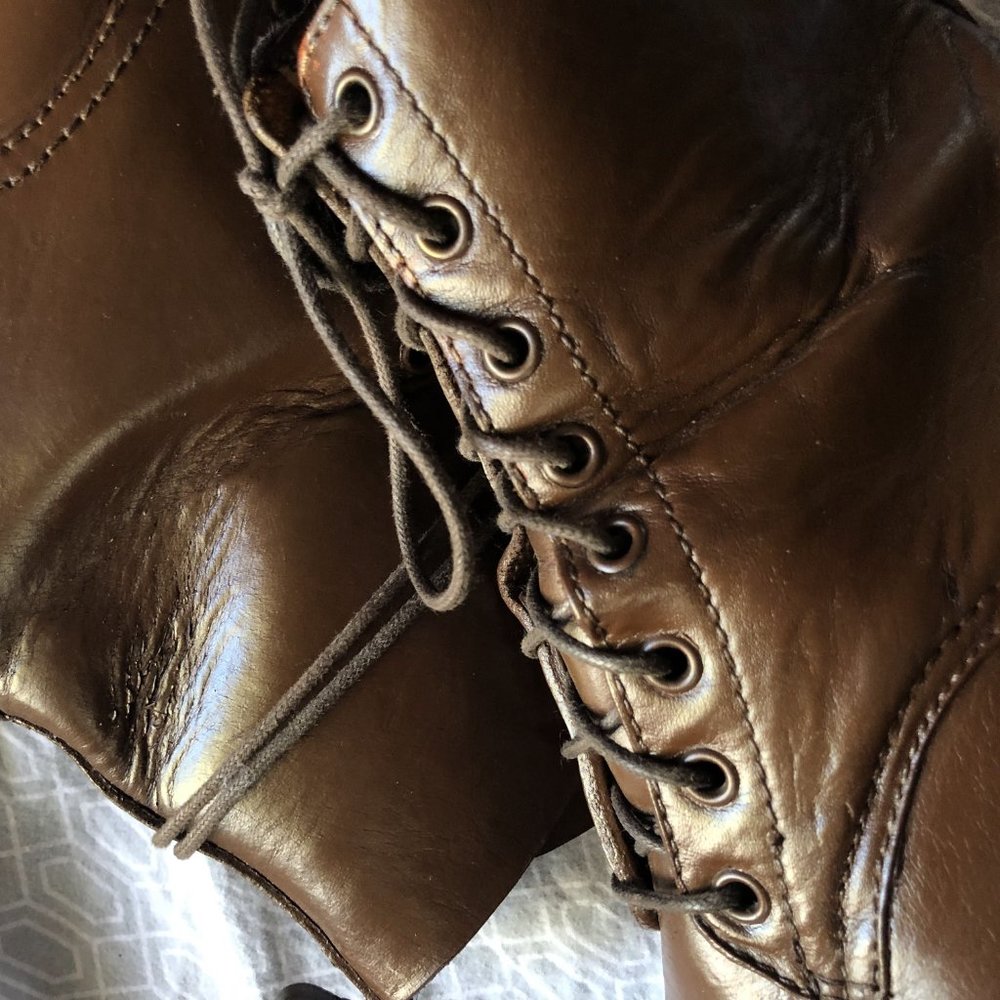 Swedish Hasbeens Brown Leather Lace-Up Platform Clog Boots with Tan Wood Soles - Picture 11 of 16
